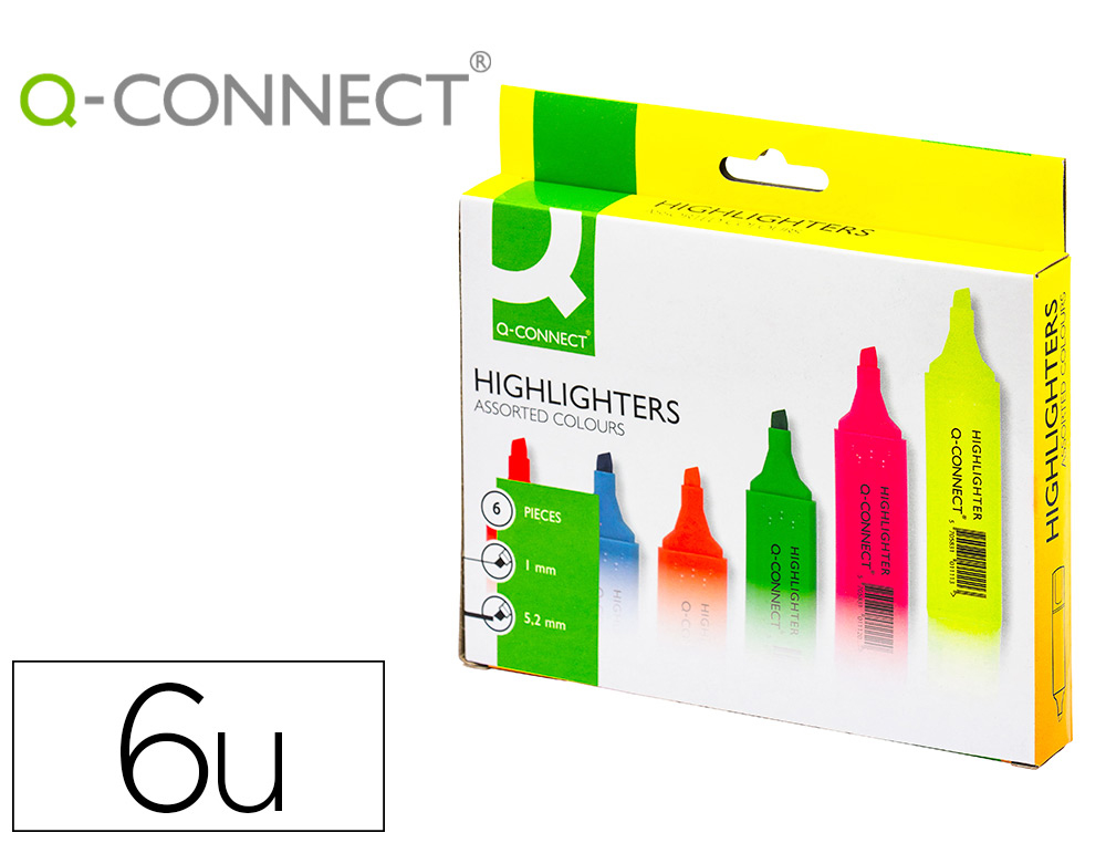 SURLIGNEUR Q-CONNECT TRAC 2/5 MM POINTE BISEAUTE COULEURS CLATANTES POCHETTE 6 UNITS ASSORTIES