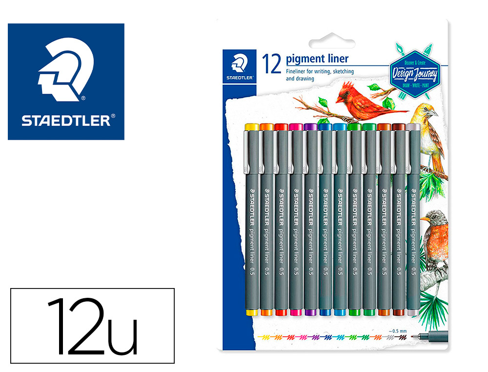 STYLO-FEUTRE STAEDTLER PIGMENT LINER 308 POINTE      CALIBR E BAGUEE METAL  0,5MM  COLORIS ASSORTIES. ETUI DE 12